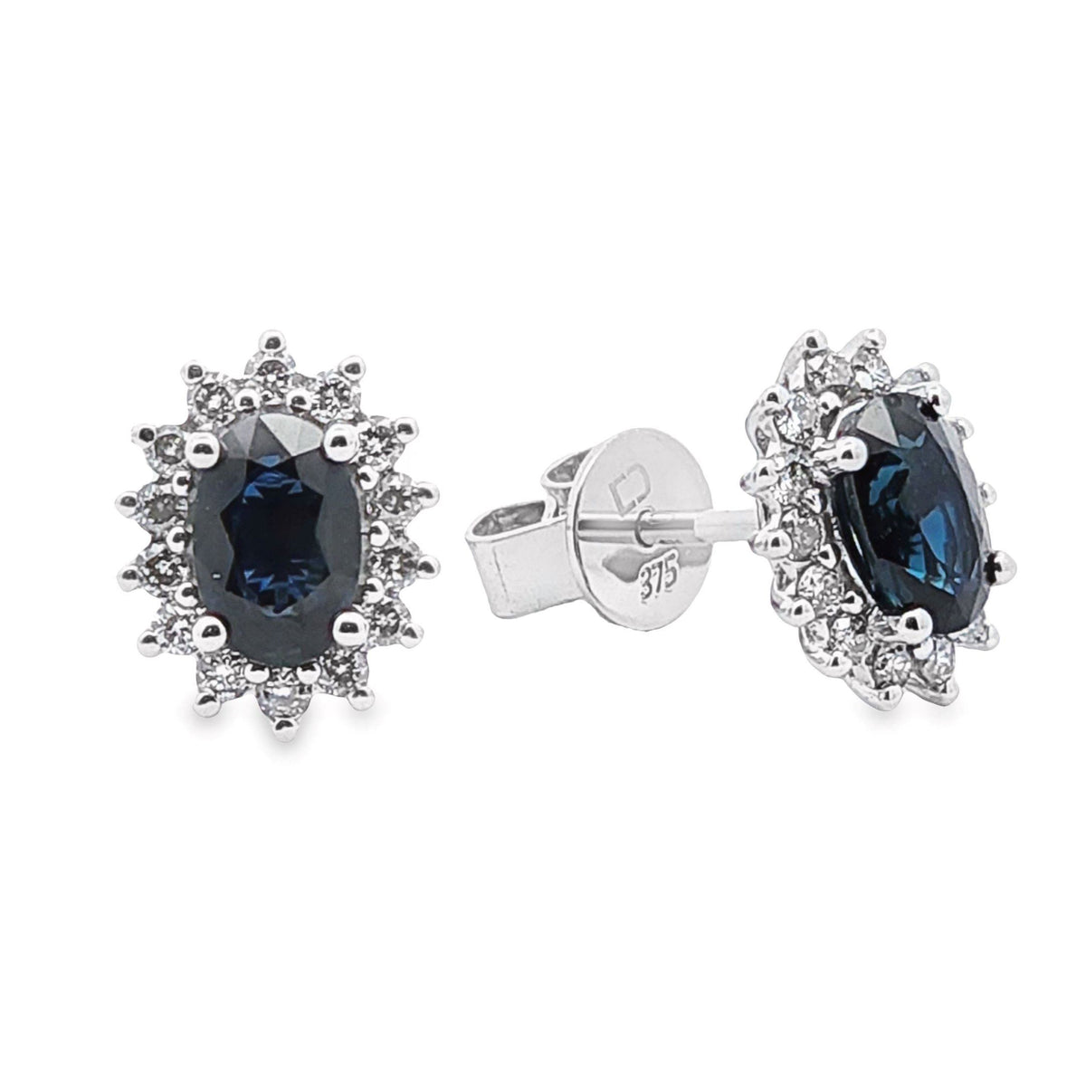 9ct White Gold Natural Sapphire And Diamond Halo Stud Earrings
