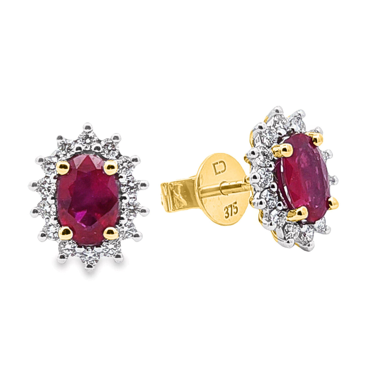 9ct Yellow Gold Natural Ruby And Diamond Halo Set Earrings