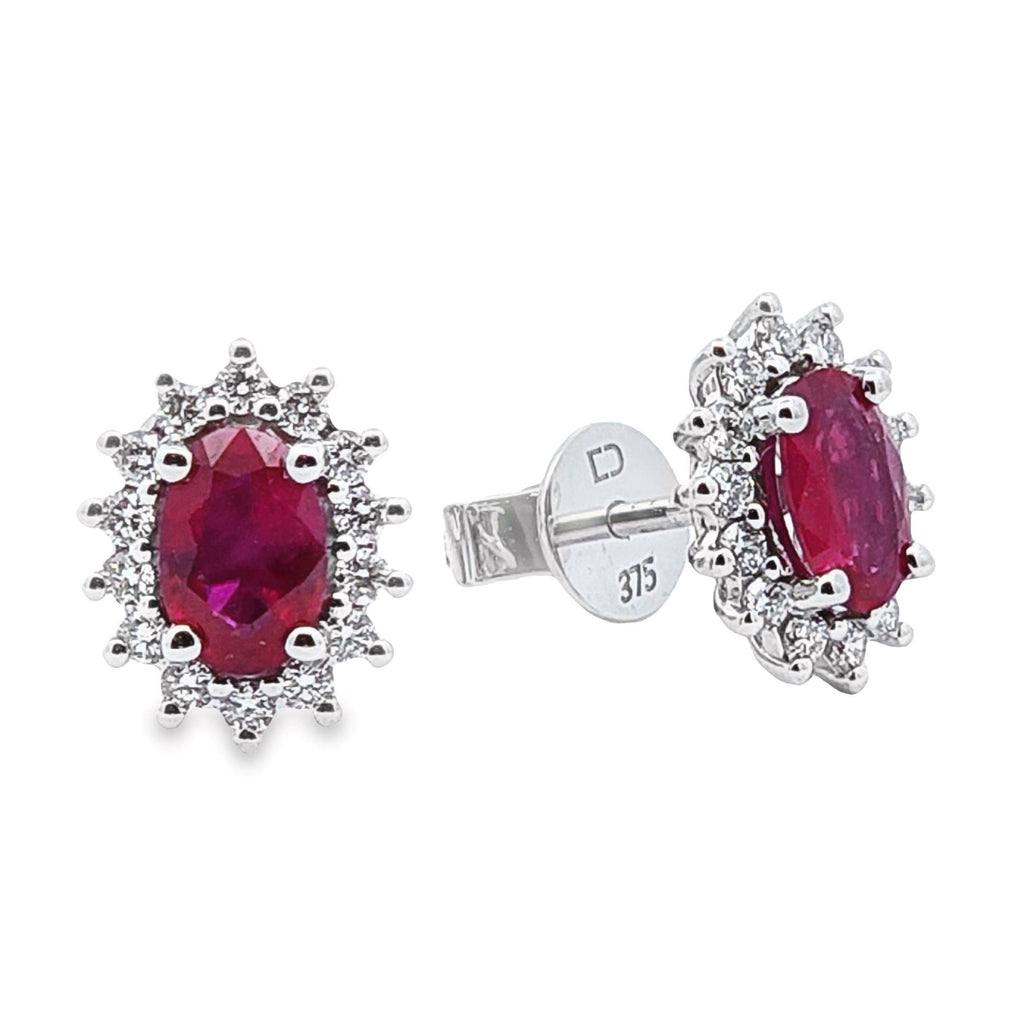 9ct White Gold Natural Ruby And Diamond Halo Stud Earrings