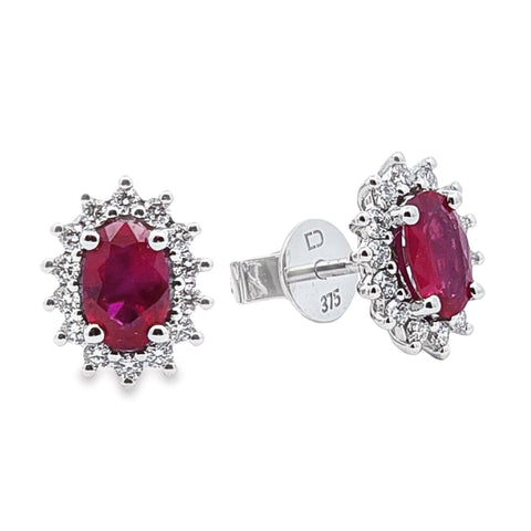 9ct White Gold Natural Ruby And Diamond Halo Stud Earrings