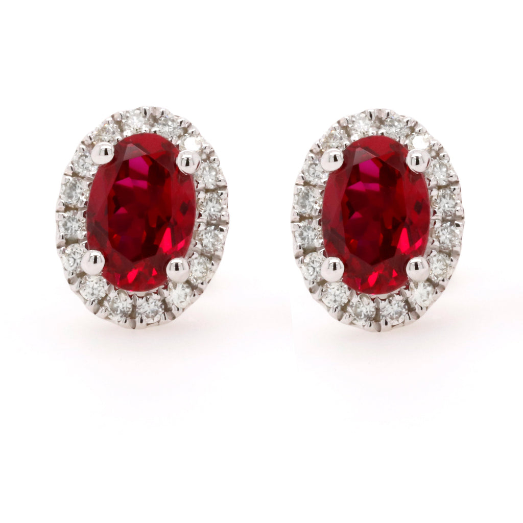 9ct White Gold Lab Grown Ruby And Diamond Halo Stud Earrings