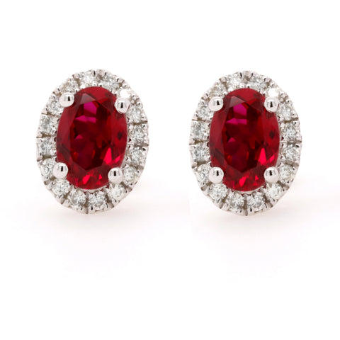9ct White Gold Lab Grown Ruby And Diamond Halo Stud Earrings