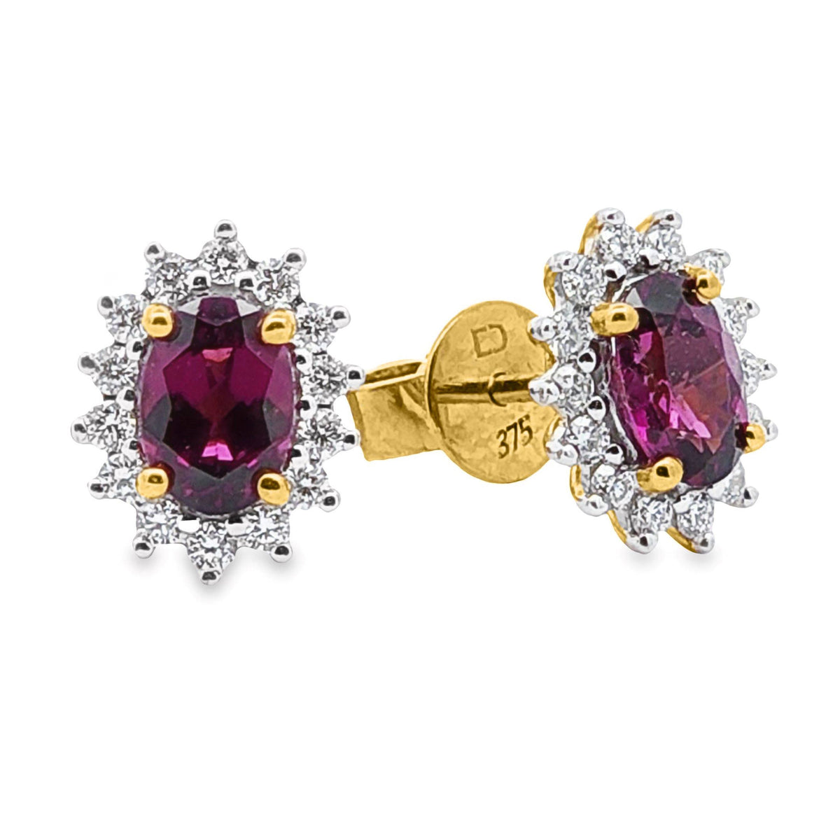 9ct Yellow Gold Rhodolite Garnet And Diamond Halo Stud Earrings