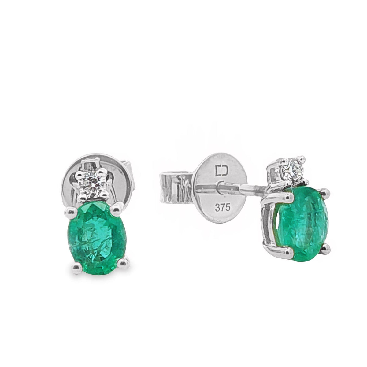 9ct White Gold Natural Emerald And Diamond Stud Earrings
