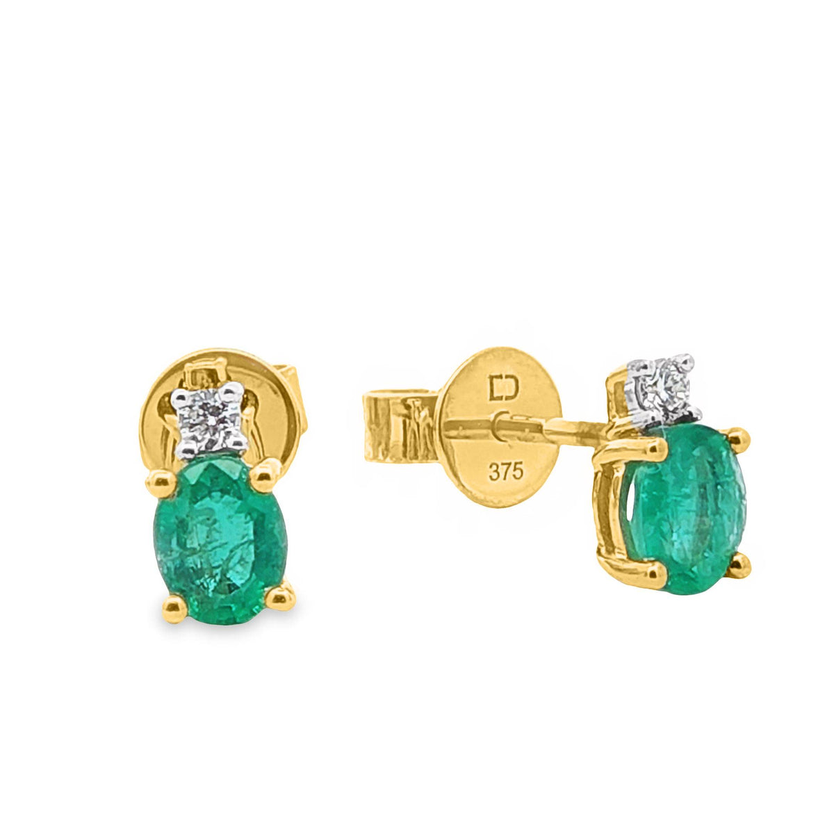 9ct Yellow Gold Natural Emerald And Diamond Stud Earrings