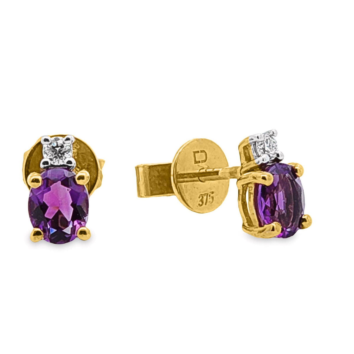 9ct Yellow Gold Amethyst And Diamond Stud Earrings
