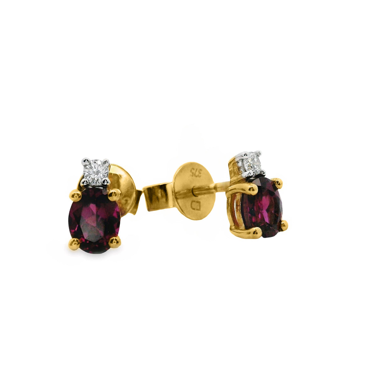 9ct Yellow Gold Rhodolite Garnet And Single Diamond Stud Earrings