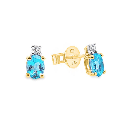 9ct Yellow Gold Blue Topaz And Diamond Stud Earrings