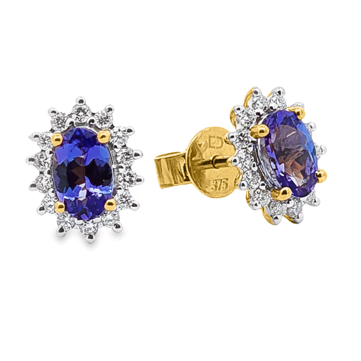 9ct Yellow Gold Tanzanite And Diamond Halo Stud Earrings