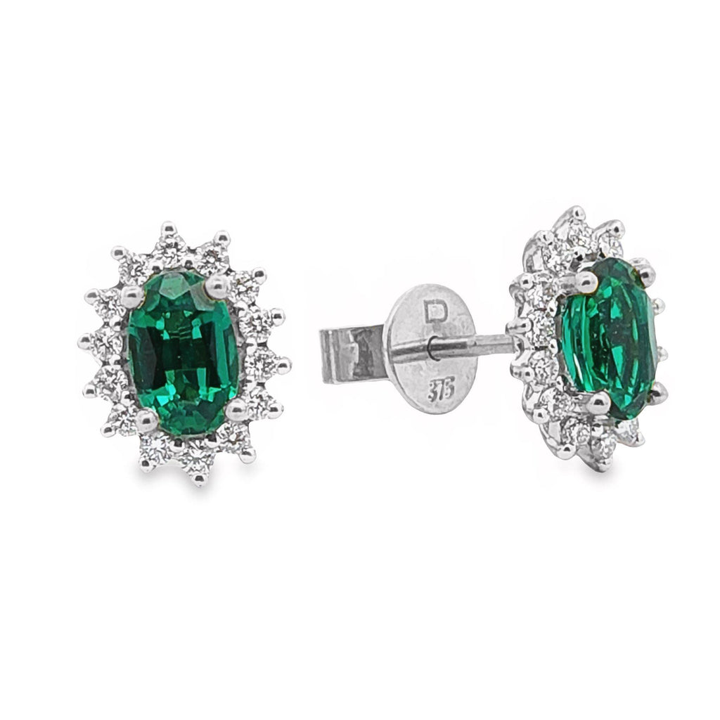 9ct White Gold Lab Grown Emerald And Diamond Halo Stud Earrings