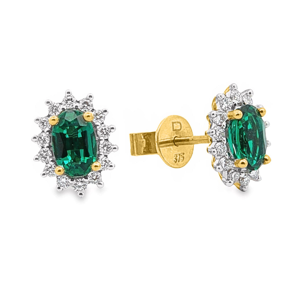 9ct Yellow Gold Lab Grown Emerald And Diamond Halo Stud Earrings