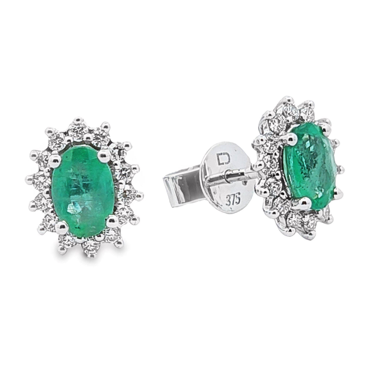 9ct White Gold Natural Emerald And Diamond Halo Stud Earrings