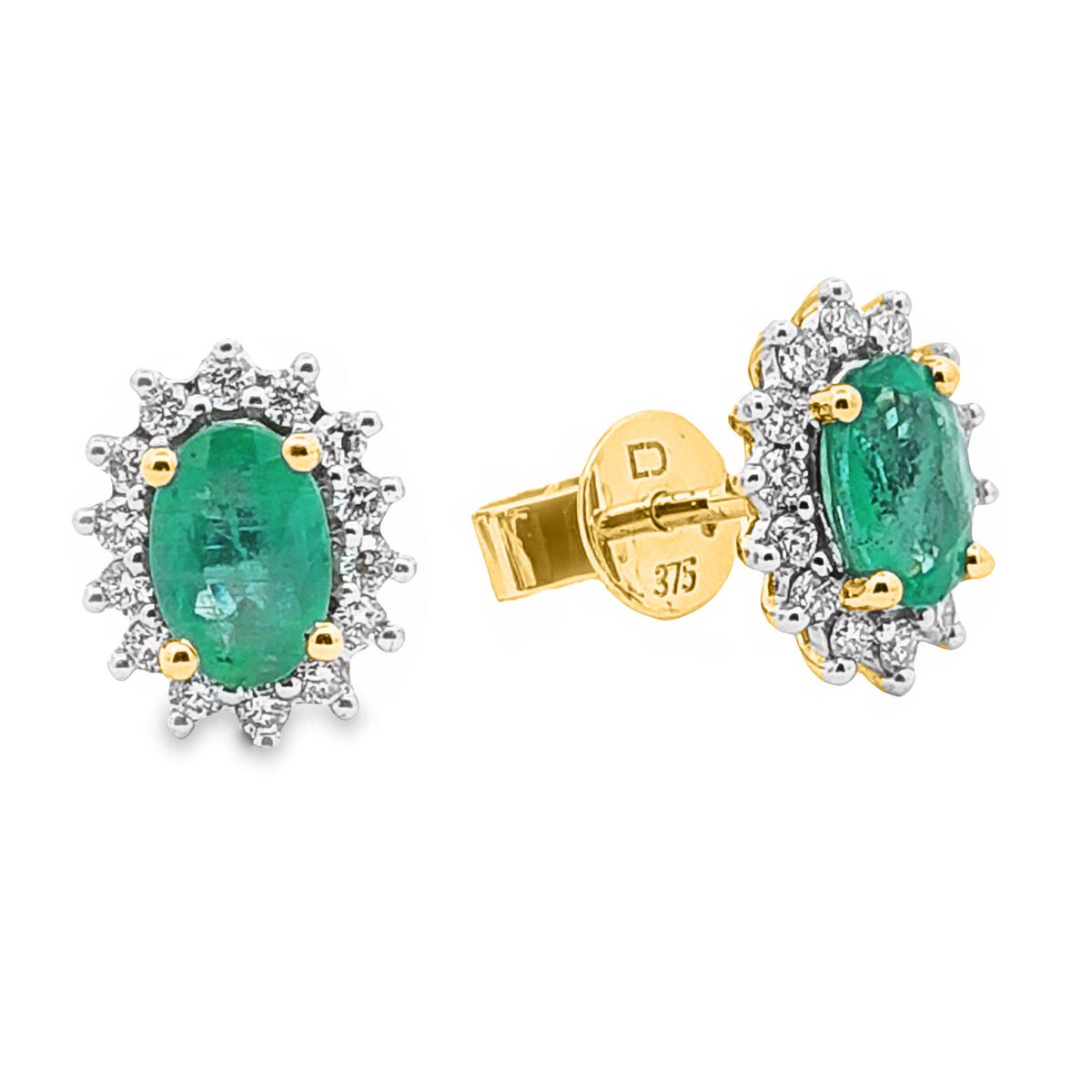 9ct Yellow Gold Natural Emerald And Diamond Halo Stud Earrings