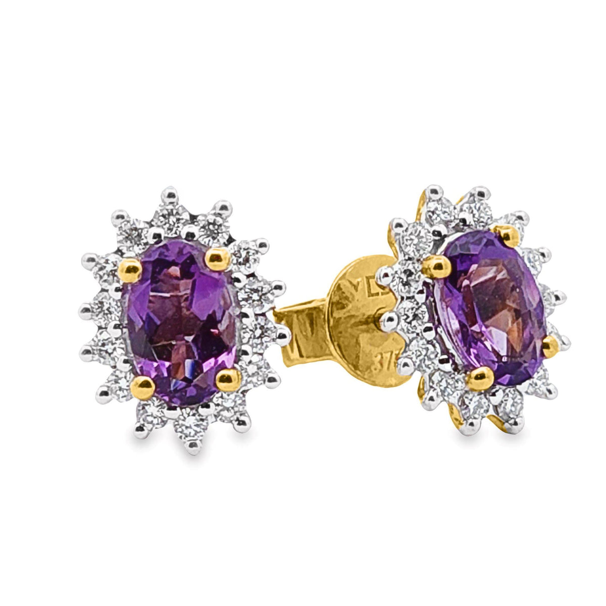 9ct Yellow Gold Amethyst And Diamond Halo Stud Earrings