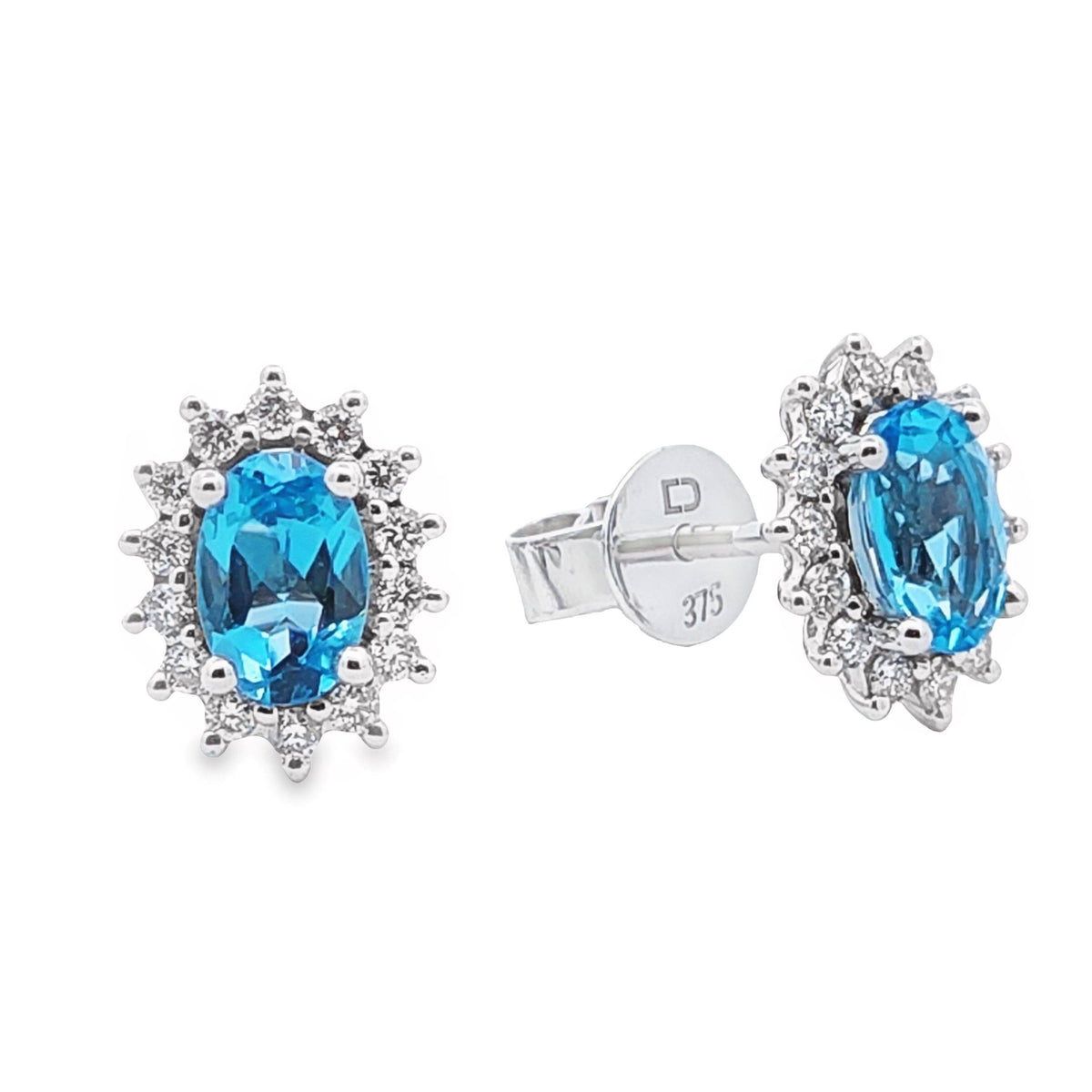 9ct White Gold Blue Topaz And Diamond Halo Stud Earrings