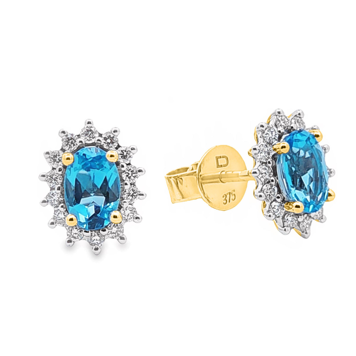 9ct Yellow Gold Blue Topaz And Diamond Halo Stud Earrings