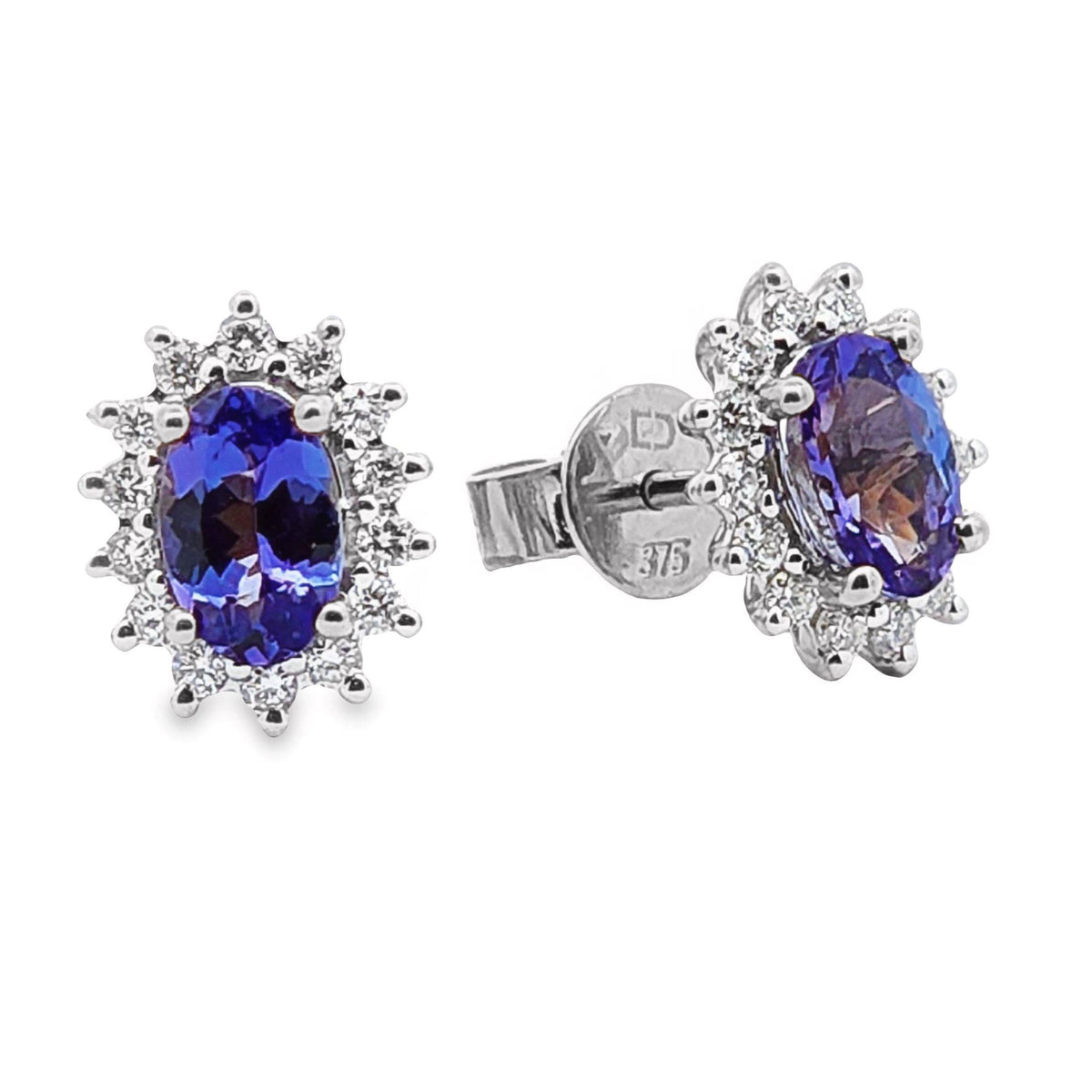 9ct White Gold Tanzanite And Diamond Halo Stud Earrings
