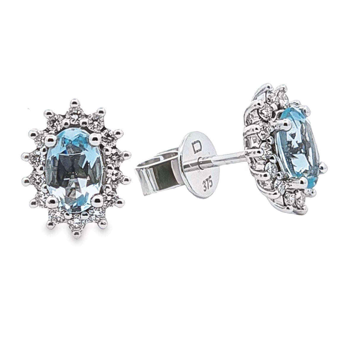 9ct White Gold Aquamarine And Diamond Halo Stud Earrings
