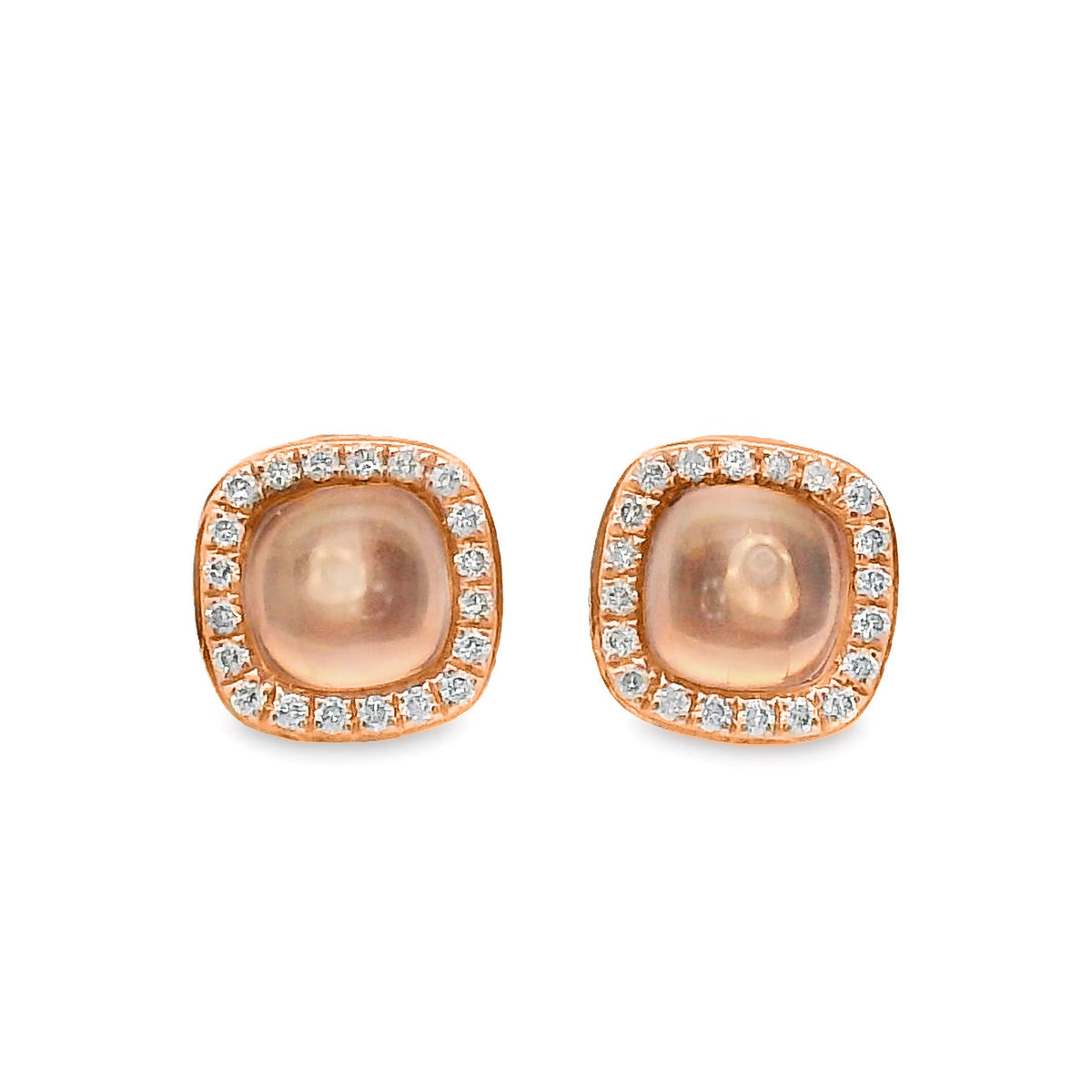 9ct Rose Gold Cabochon Cut Rose Quartz And Diamond Studs