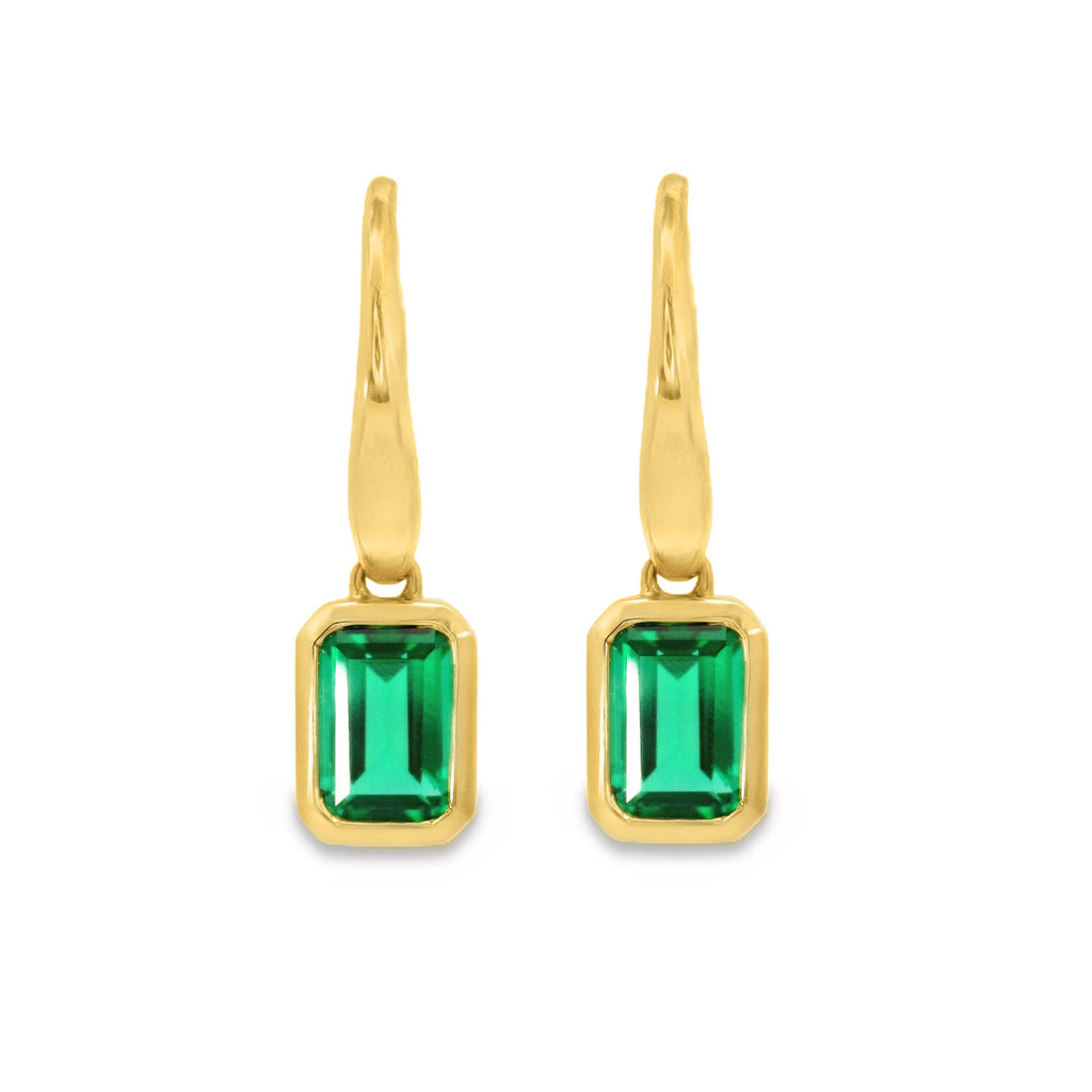 9ct Yellow Gold Lab Grown Emerald Bezel Set Hook Earrings