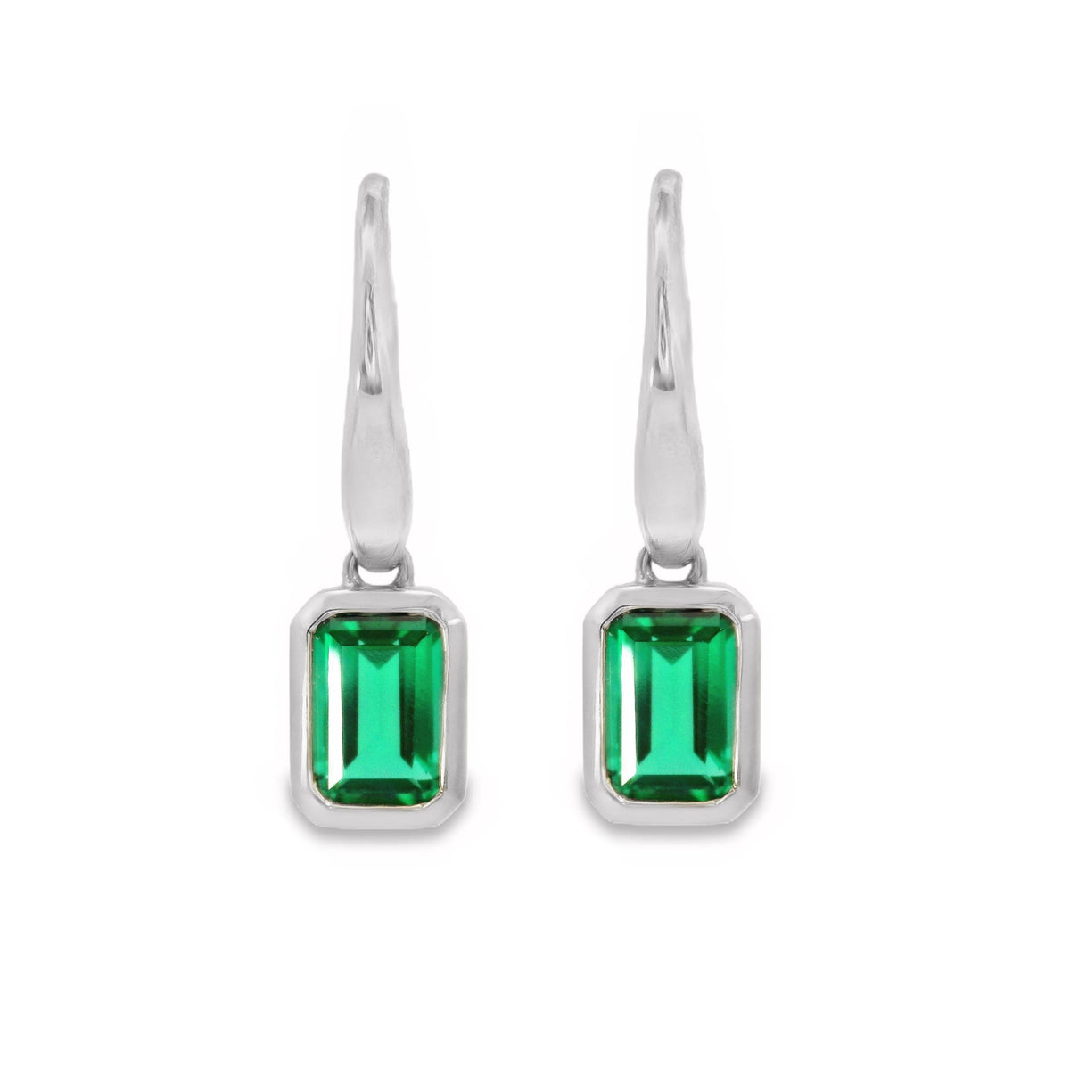 9ct White Gold Lab Grown Emerald Bezel Set Hook Earrings