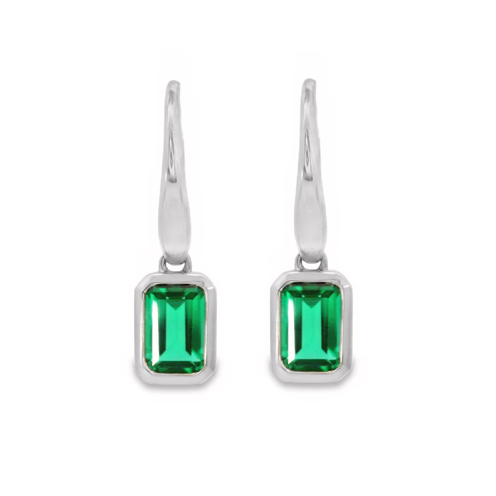 9ct White Gold Lab Grown Emerald Bezel Set Hook Earrings