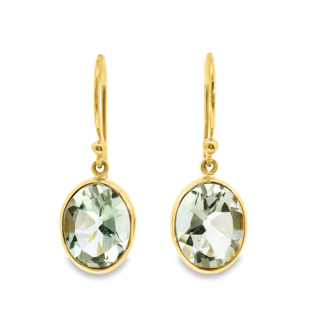 9ct Yellow Gold Green Amethyst Bezel Set Hook Earrings