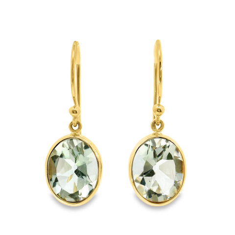 9ct Yellow Gold Green Amethyst Bezel Set Hook Earrings