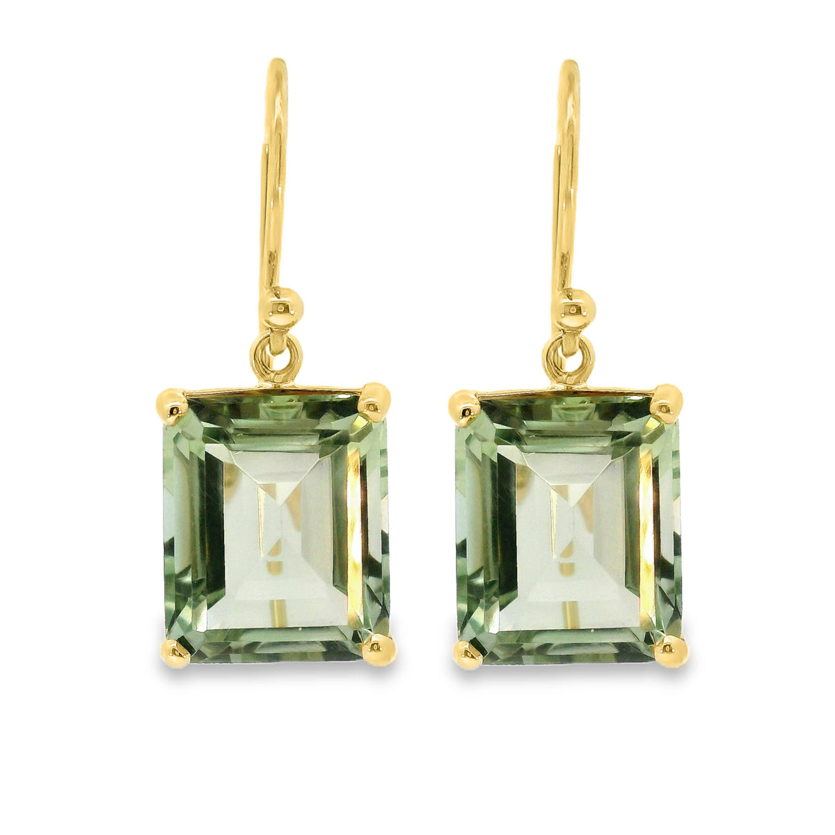 9ct Yellow Gold Emerald Cut Green Amethyst Hook Earrings