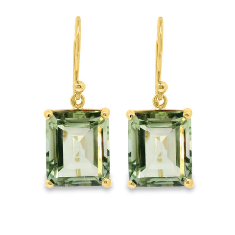 9ct Yellow Gold Emerald Cut Green Amethyst Hook Earrings