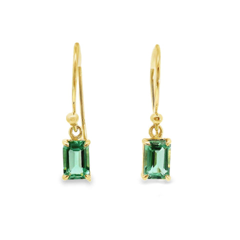 9ct Yellow Gold Green Tourmaline Claw Set Hook Earrings