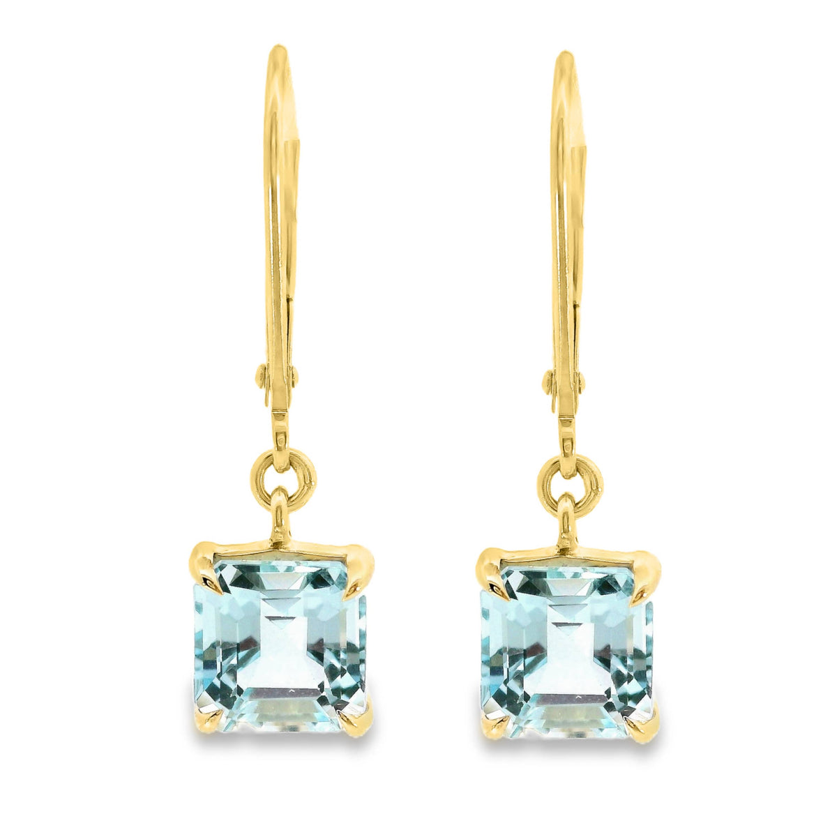 9ct Yellow Gold Square Cut Blue Topaz Continental Hook Earrings