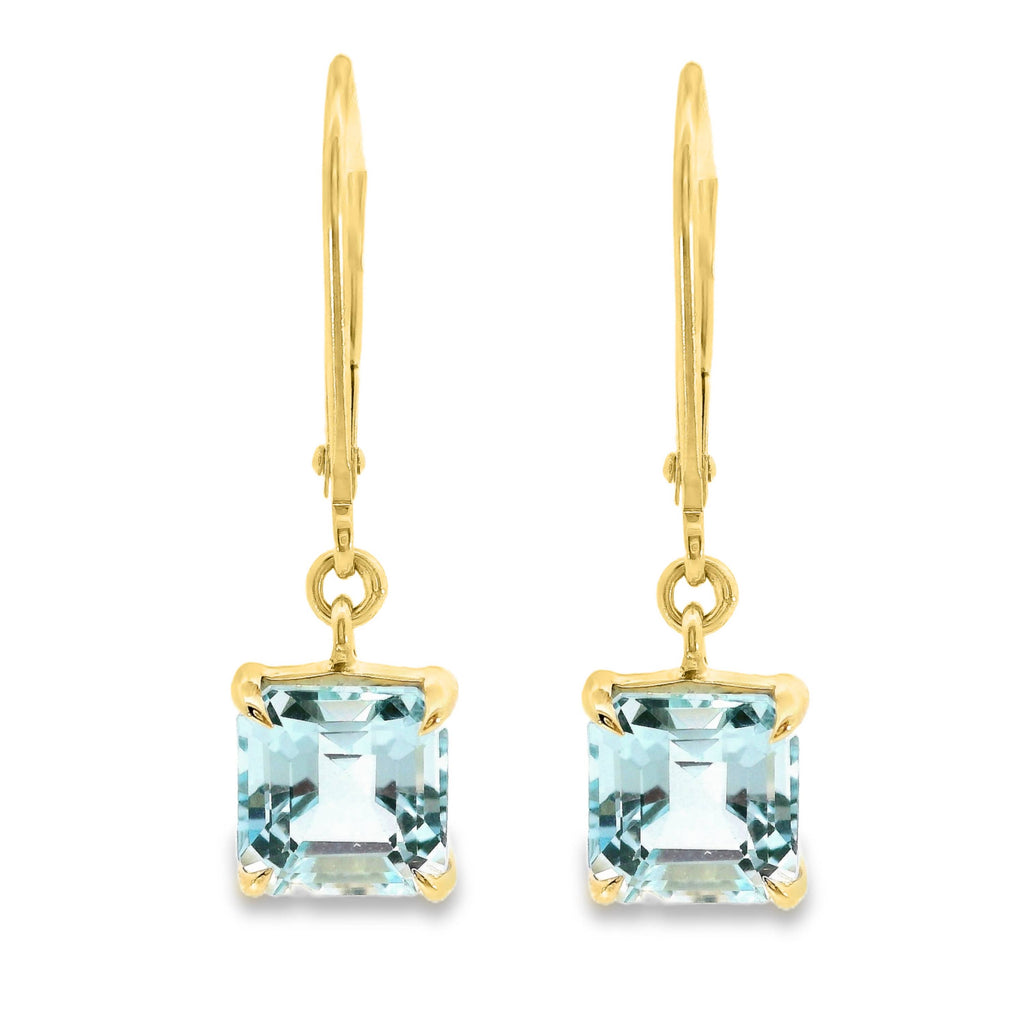 9ct Yellow Gold Square Cut Blue Topaz Continental Hook Earrings