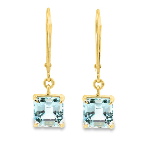 9ct Yellow Gold Square Cut Blue Topaz Continental Hook Earrings