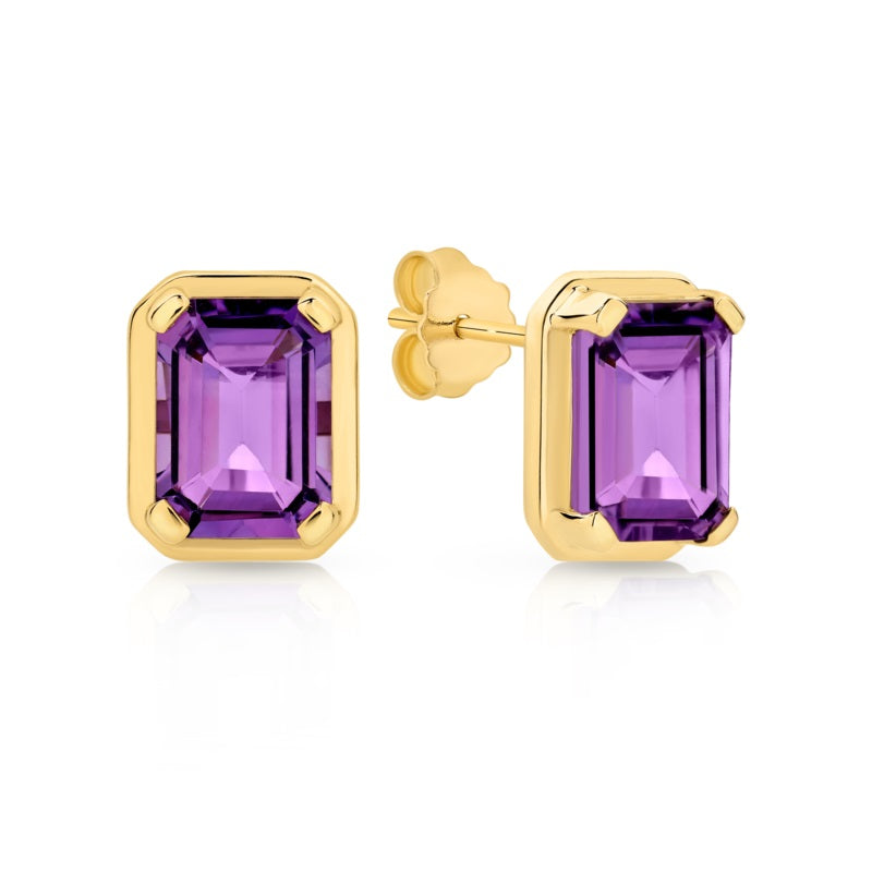 9ct Yellow Gold Bezel Set Amethyst Stud Earrings