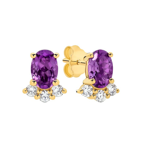 9ct Yellow Gold Amethyst And Diamond Stud Fan Earrings