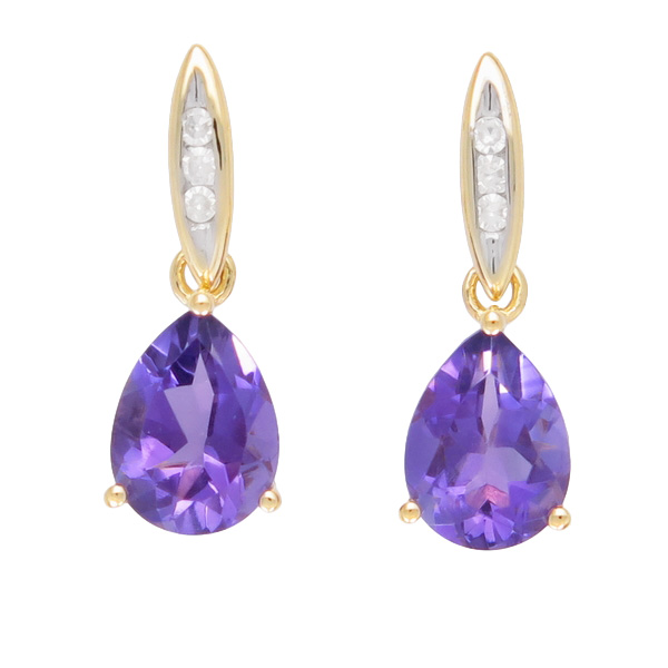 9ct Yellow Gold Amethyst And Diamond Drop Stud Earrings