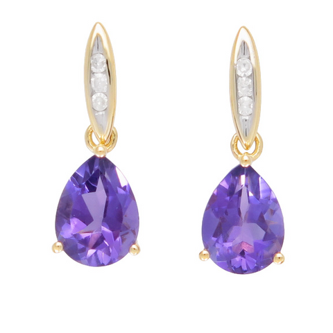 9ct Yellow Gold Amethyst And Diamond Drop Stud Earrings