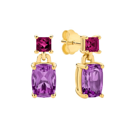9ct Yellow Gold Amethyst And Rhodolite Garnet Drop Stud Earrings
