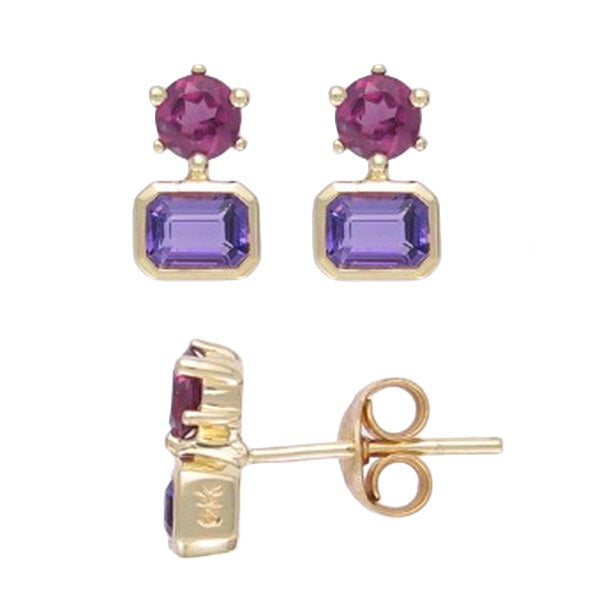 9ct Yellow Gold Rhdolite Garnet And Amethyst Stud Earrings