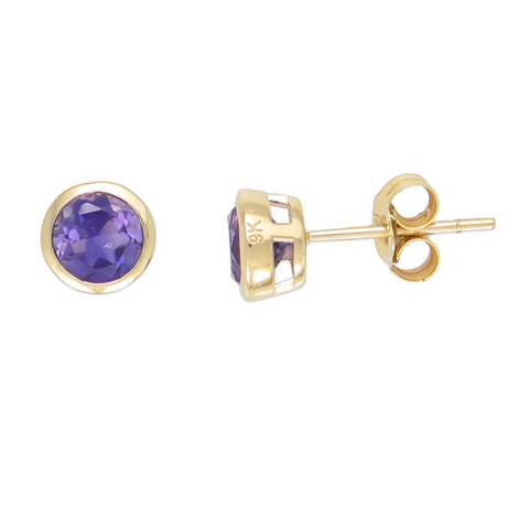 9ct Yellow Gold Bezel Set Amethyst Stud Earrings