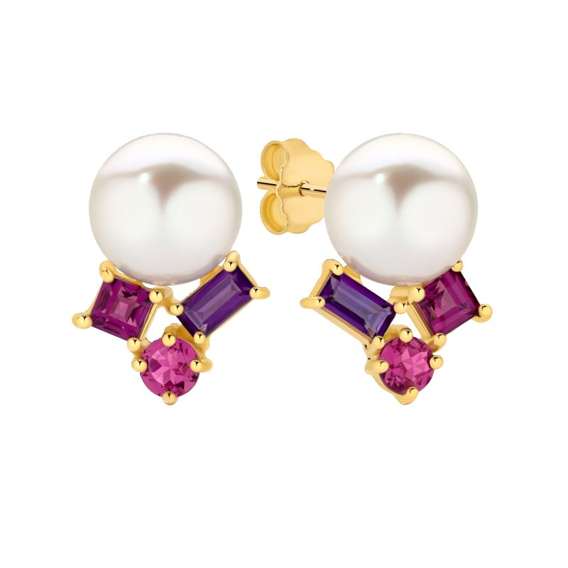 9ct Yellow Gold Freshwater Pearl And Coloured Stone Stud Earrings
