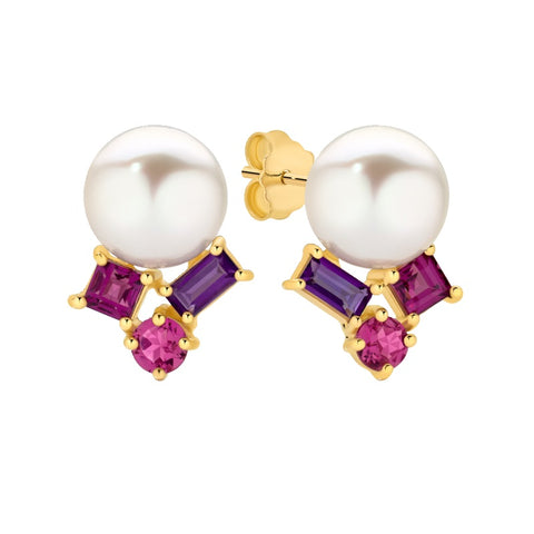9ct Yellow Gold Freshwater Pearl And Coloured Stone Stud Earrings