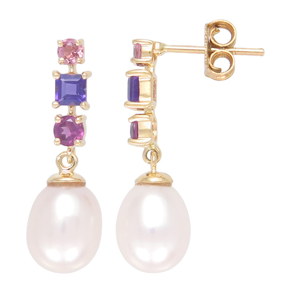 9ct Yellow Gold Freshwater Pearl And Coloured Stone Drop Stud Earrings