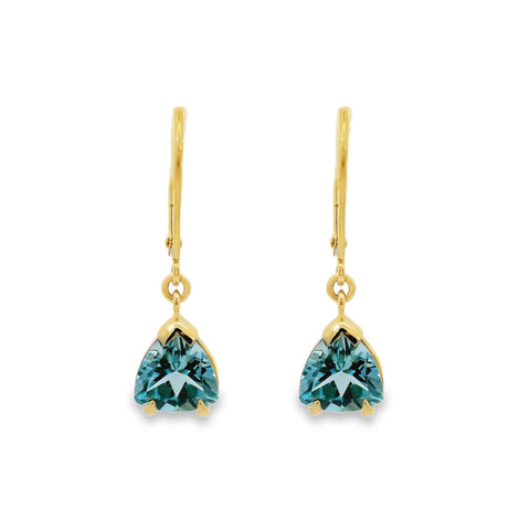 9ct Yellow Gold Claw Set Blue Topaz Continental Hook Earrings