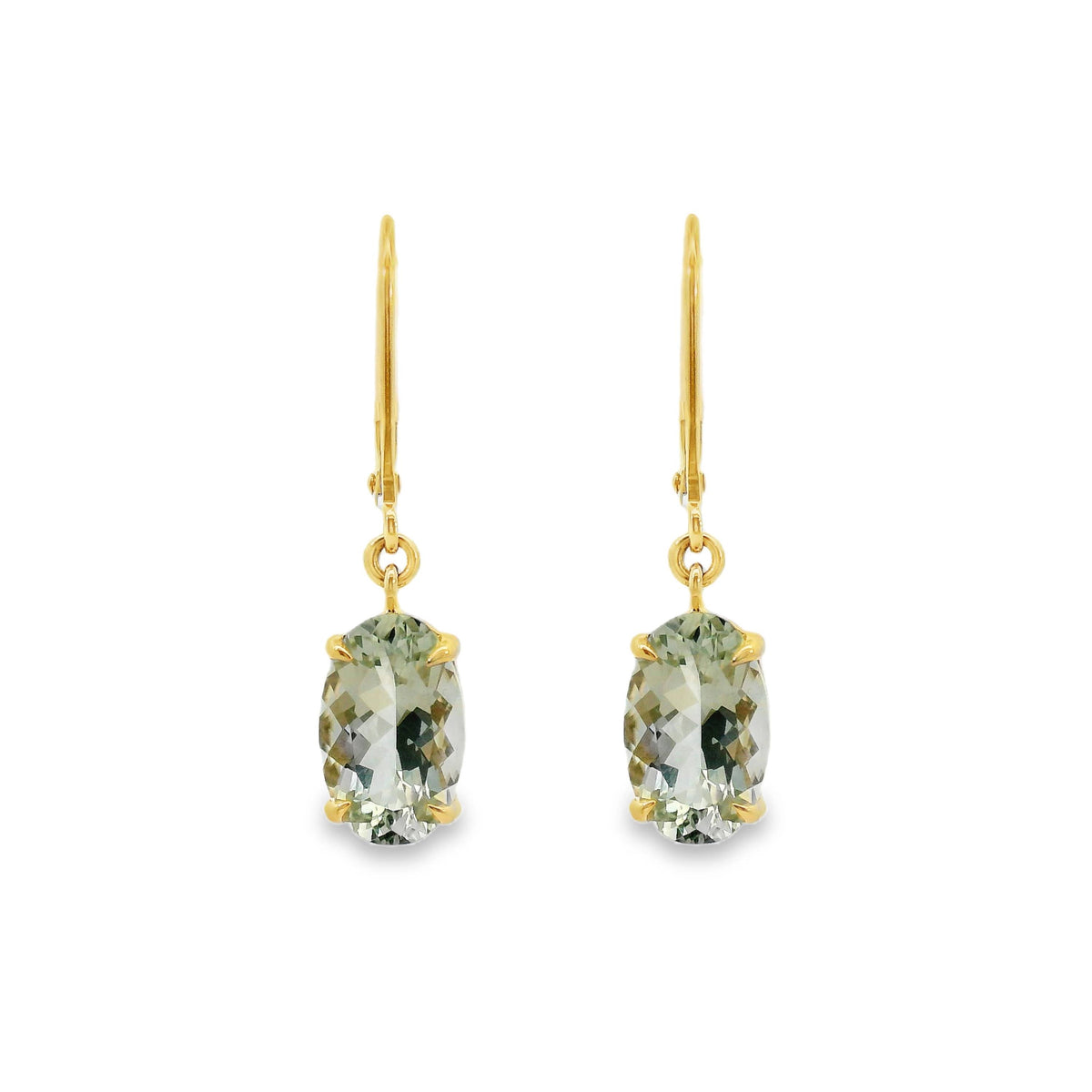 9ct Yellow Gold Claw Set Green Amethyst Continental Hook Earrings