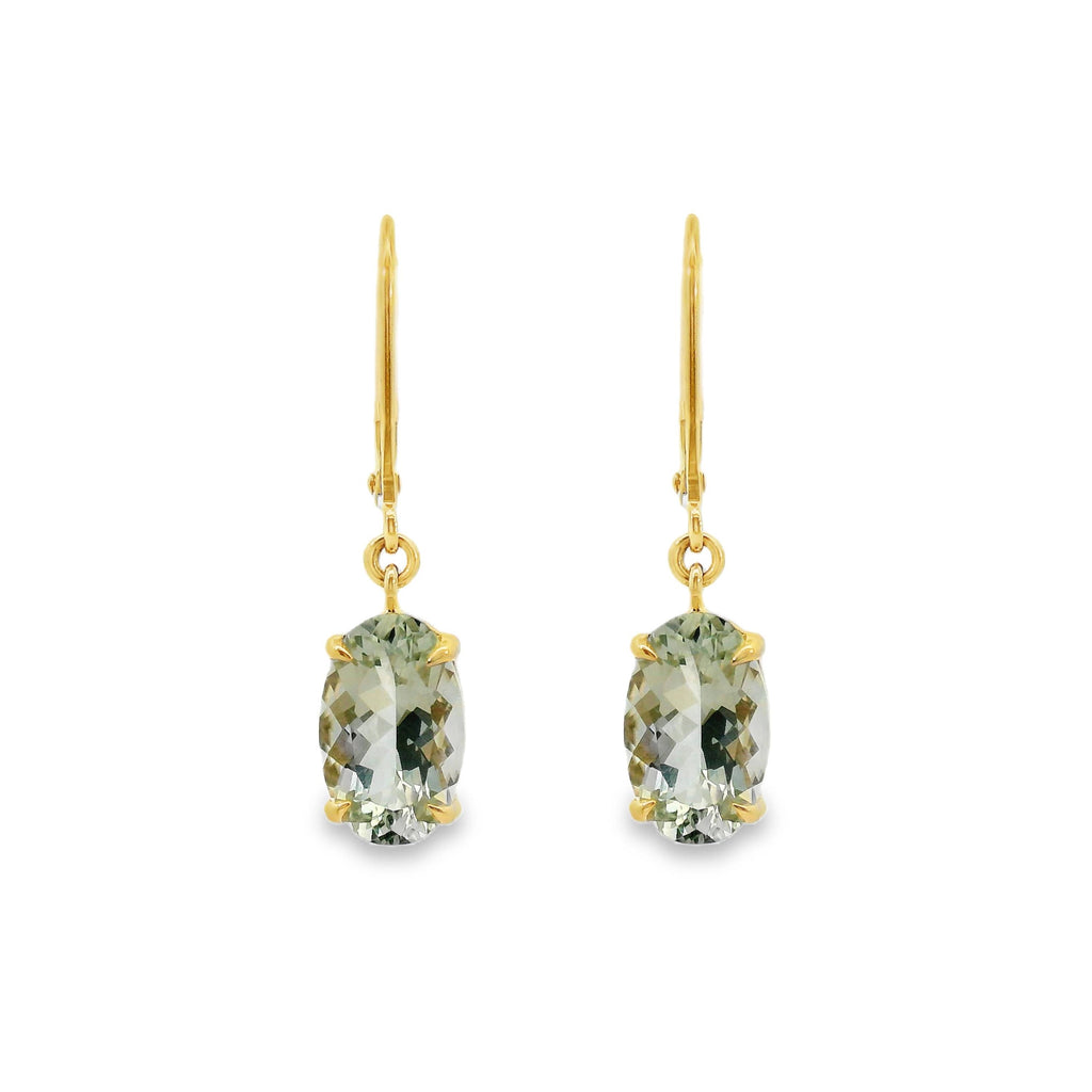 9ct Yellow Gold Claw Set Green Amethyst Continental Hook Earrings