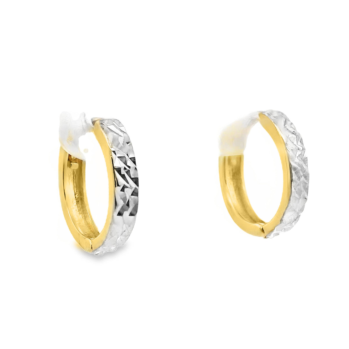 9ct Yellow Gold Huggie Earrings With Rhodium Plated Diamond Cut Earrings