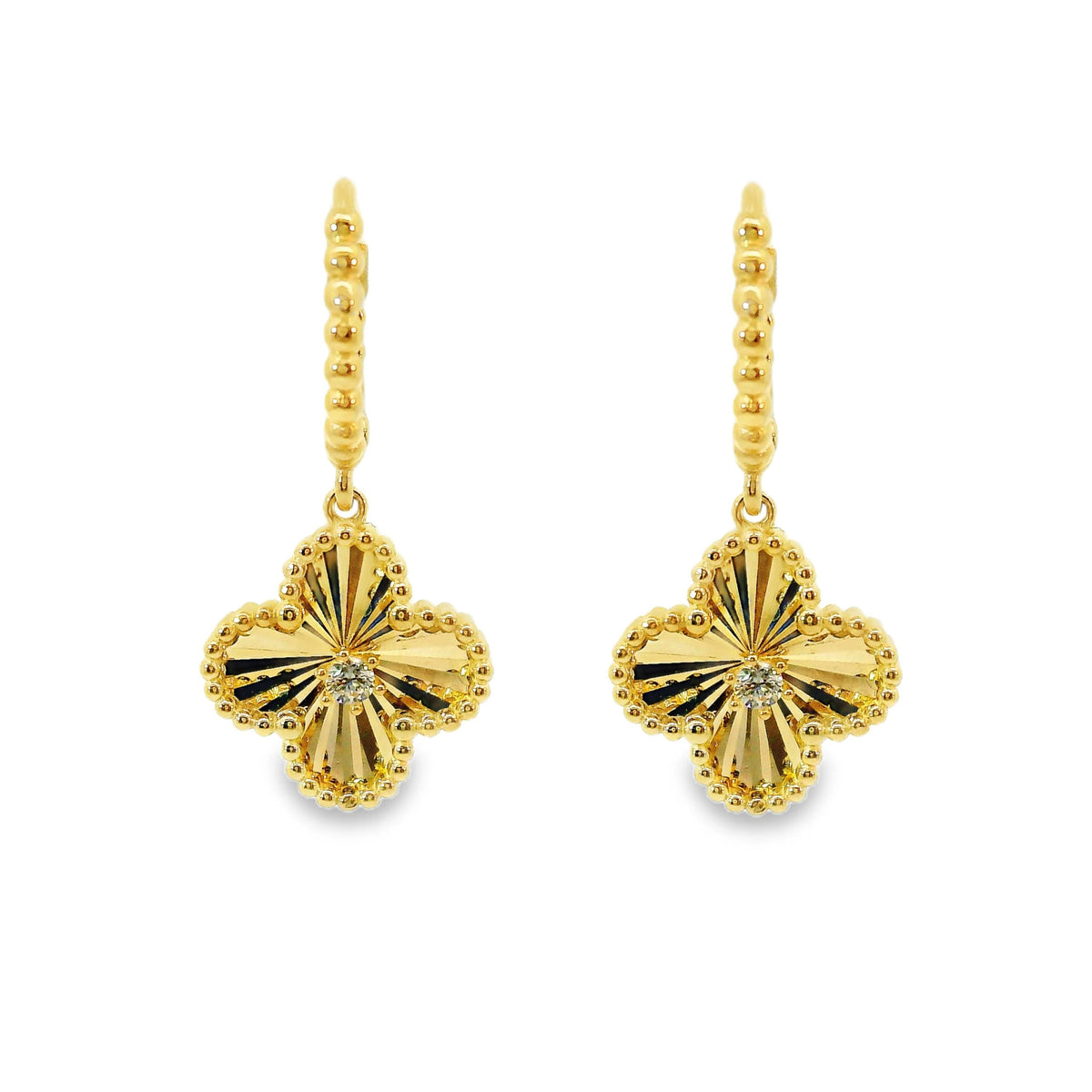 9ct Yellow Gold Clover Drop And Beaded Huggie Earrings