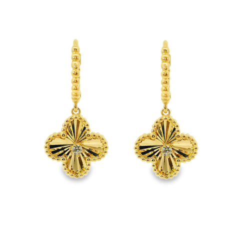 9ct Yellow Gold Clover Drop And Beaded Huggie Earrings